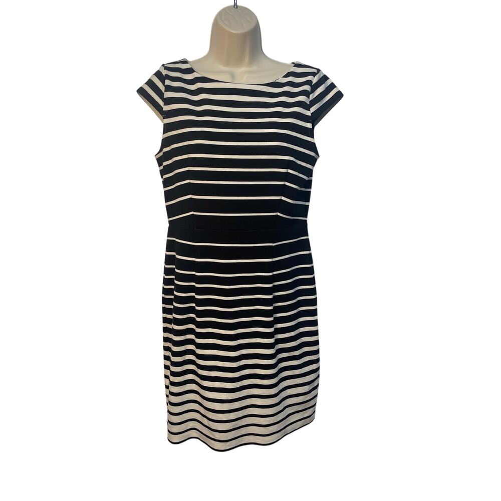 Ann Taylor LOFT Petites Black White Striped Cap Sleeve Sheath‎ Dress 10P 328845